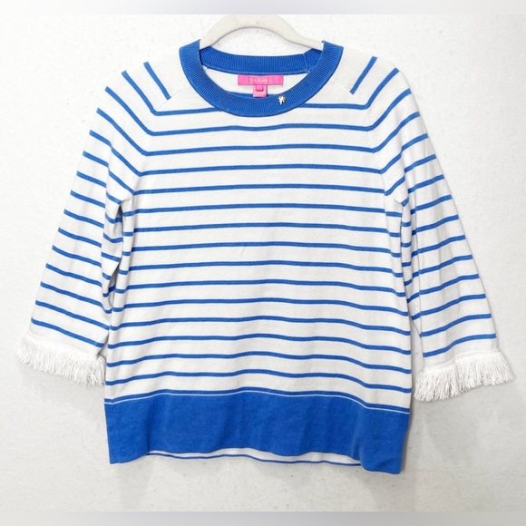 Lilly Pulitzer Dasha Cotton Striped Fringe Sweater Coastal Blue Size Small - Picture 2 of 9